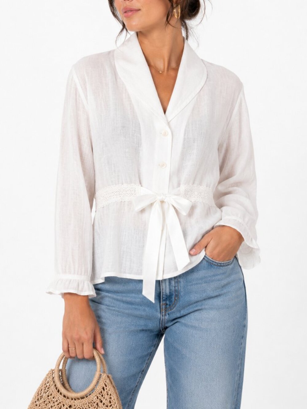 Whitewash Ivory Cotton Tie Waist Blouse Lace Trim Quiet Luxury Coastal Chic